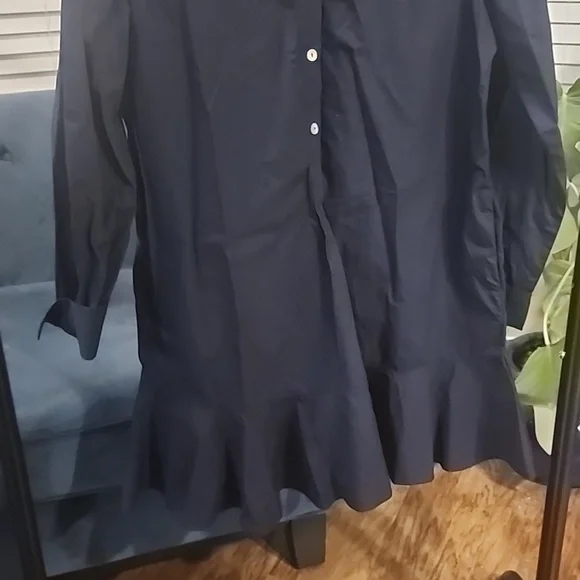 Quince Navy Long Sleeve Ruffle Hem Shirt Dress - Picture 3 of 4
